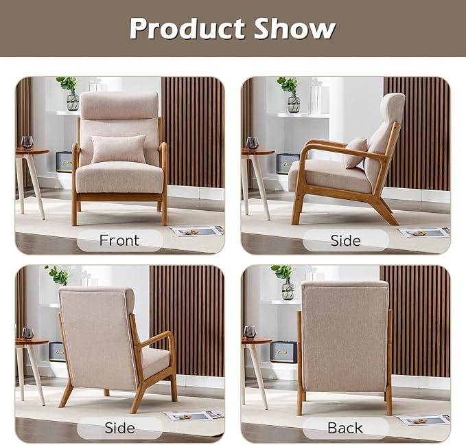 INZOY Mid Century Modern Accent Chair Set of 2 High Back Reading Armchair with Wood Frame Upholstered Living Room Chairs with Waist Cushion Single Lounge Arm Chair for Bedroom Sunroom Beige