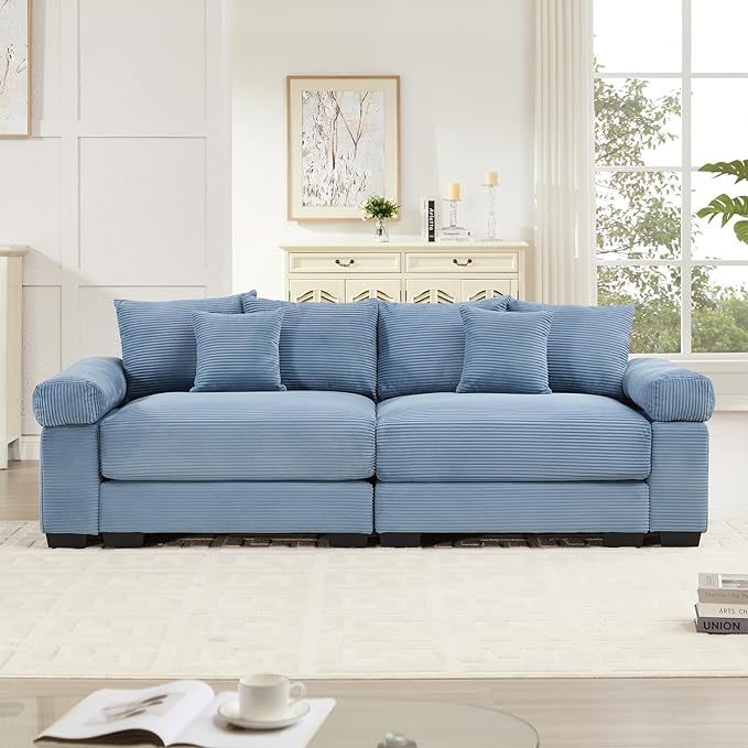 92.4 Oversized Modular Sectional Sofa Corduroy Large Sectional Couches for Living Room Love Seat Couches Modern Deep Seat Sofa Set Blue
