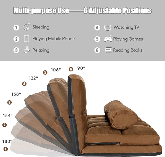 S AFSTAR Convertible Floor Sofa 6-Position Couch with 2 Removable Pillows &amp Thick Sponge Cushion Load 330LBS Adjustable Lazy Sofa Bed for Living Room (Coffee)