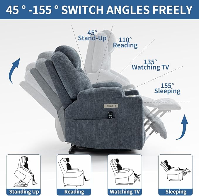Chenille Electric Power Lift Recliner Chair Massage Single Sofa with Vibration Massage and Lumbar Heating Ergonomic Lounge Couch with Cup Holders and USB Charge Port for Living Room (Blue)