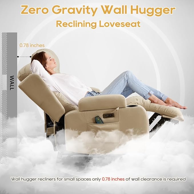 IPKIG Power Loveseat Recliner Sofa with Flip-Up Backrest Console Bluetooth Speakers Drawer AC Outlet LED Light Wall Hugger Recliners for Living Room RV Home Theater (Beige Loveseat)