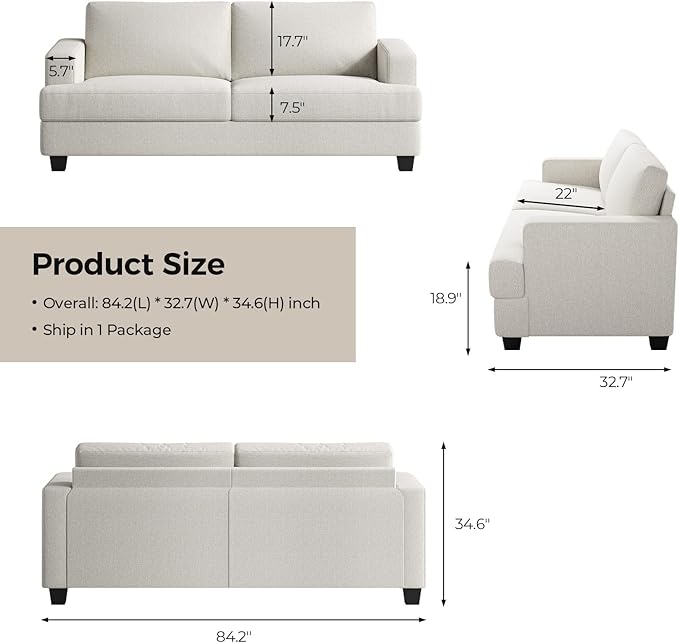 84 Inch Sofa with Extra Deep Seats Oversize Linen Fabric 2 Seater Sofa for Living RoomModern Couch and Loveseat Comfy Armrests and Seats and Backrests Easy Installation Ivory