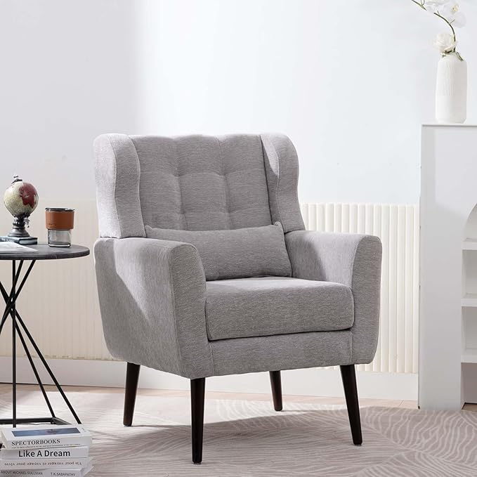 Modern Accent Chair &amp Wingback Chair - Comfortable Living Room Chairs with Waist Pillow - Gray