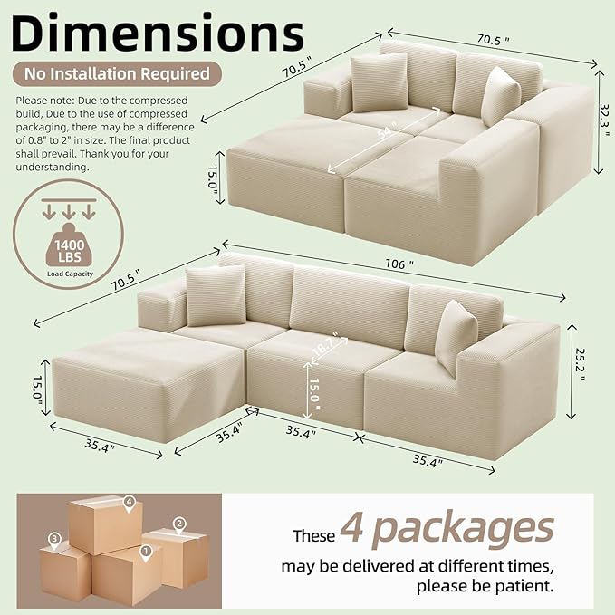 106 Cloud Sectional Couch with Ottoman L Shaped Boneless Couch with Deep Seat 3 Seater Corduroy Modular Sectional Sofa for Living Room No Assembly Required Cream Beige