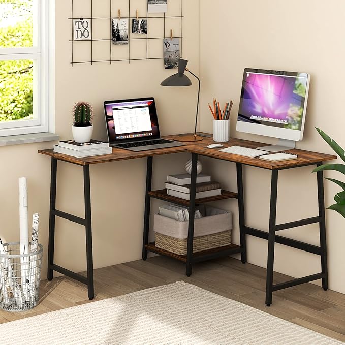 Tangkula 48” L Shaped Computer Desk Corner Study Writing Desk with Outlets &amp USB Ports Home Office Desk Computer Workstation with 2-Tier Shelf Executive Desk (Rustic Brown)