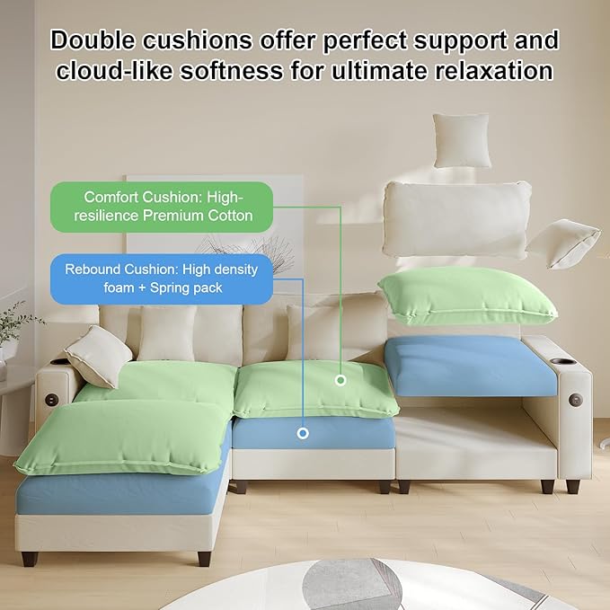 116 Modular L Shaped Cloud Couch Sectional Couches for Living Room with Ottoman Chenille Deep Seat Sofa Cloud Sectional Couch with Charging Station Cup Holder Side Pocket Beige