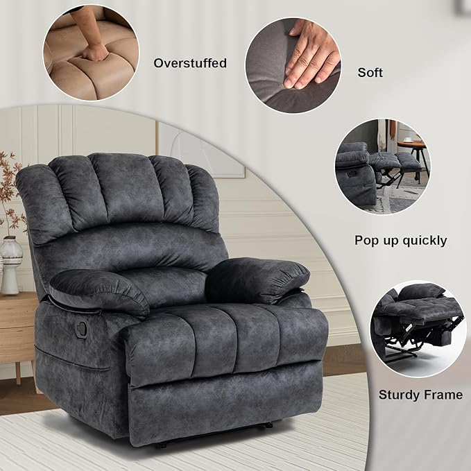 Large Lazy Recliner Chair for Adult Comfortable Manual Single Recliner Sofa Oversized Reclining Chair Upholstered Soft Fabric Living Room Recliner Sofa Chair for Living Room Bedroom (Dark Gray)