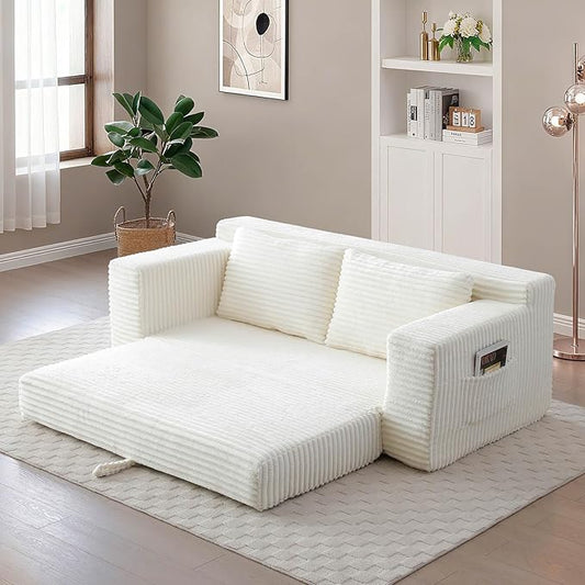 73 Boneless Loveseat Couch 2 in 1 Pull Out Sleeper Sofa with Side Pockets &amp 2 Pillows Folding Convertible Corduroy Floor Couch for Apartment Living Room Bedroom No Assembly(Beige)