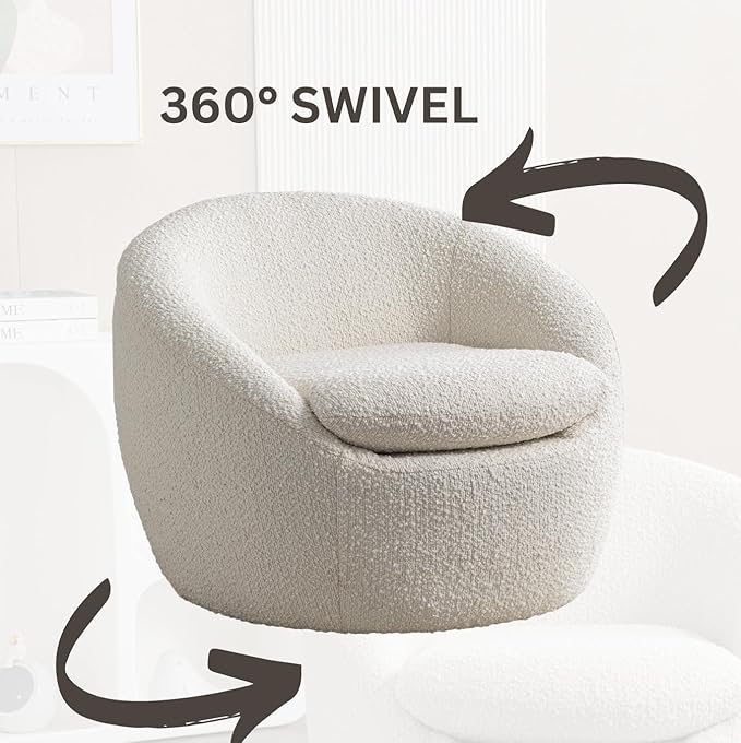 360°Swive Decorative ChairModern Comfortable Barrel Chair Reading Chairs for Living RoomBedroomDressing RoomCream White Teddy