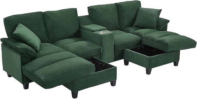 U-Shaped Sectional Cloud Sofa with Storage Console and Cupholders 116-Inch U-Shaped Symmetrical Corduroy Sectional Couch W/2 Ottoman Chaise LoungesUSB-C Ports &amp 2 Pillows