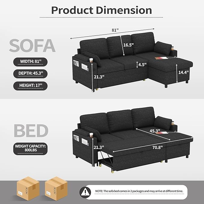 DURASPACE Sleeper Couch Pull Out Sofa Bed 2 in 1 Convertible Sofa Sleeper with Storage L Shaped Sectional Couch Bed for Small Spaces Living Room Bedroom Apartment (Dark Gray)