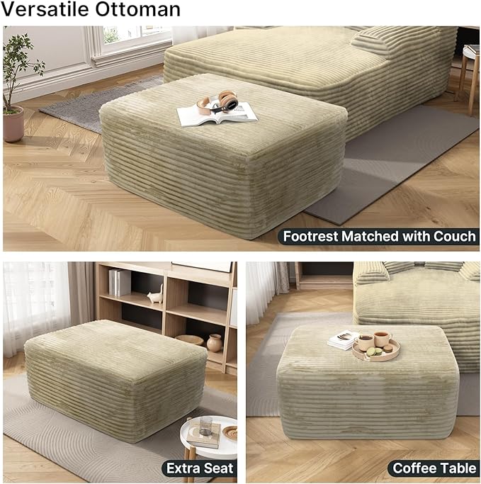 37'' Oversized Ottoman Bench Plush Corduroy Poufs Foot Tool Fluffy Boneless Couch Footrest Padded Seat Seat Cube for Living Room No Assembly (Beige)
