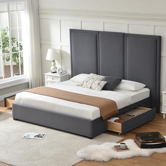 YUHUASHI King Size Bed Frame with 64-inch High Headboard Simple and Airy Linen Upholstered Platform Bed with Storage Drawers Wood Slat No Noise (Grey King (U.S. Standard))