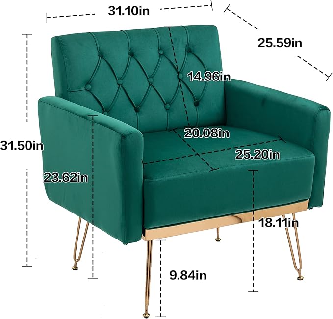 Velvet Accent Chair Upholstered Living Room Accent Armchair Leisure Single Chairs with Rose Golden feet Tufted Sofa Chairs for Home Office Living Room Bedroom Small Space (Green)