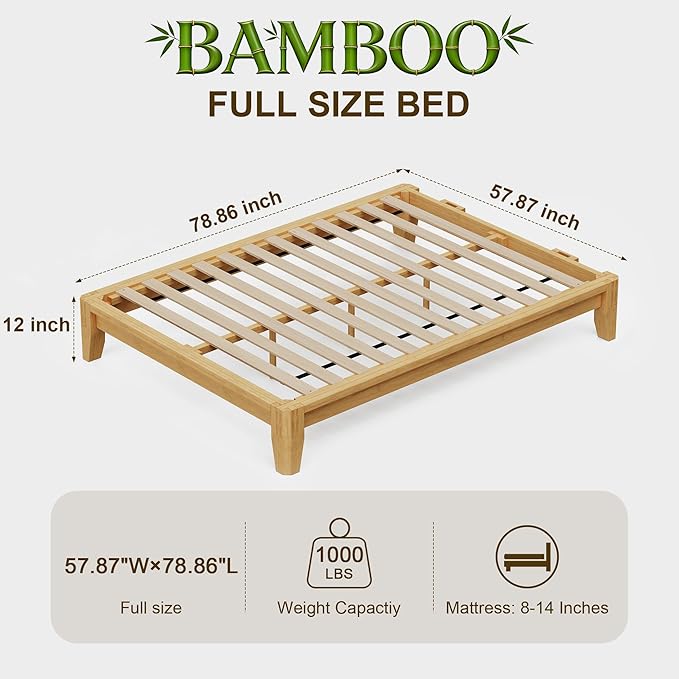 Dolonm Full Solid Wood Bamboo Bed Frame Mid-Century Modern Bed Frame Floating Center Support Legs Sturdy Solid Wood Slat Easy Tool Free Set Up（Full Natural）