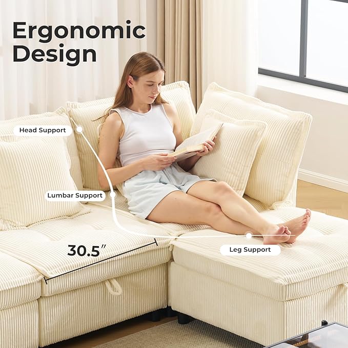 133 Modular Sectional Sofa L-Shaped Corduroy Comfy Sectional Couches for Living Room 3-Seater Cloud Couches with 1 Ottoman Modern Deep Seat Sofa with Large Storage Corduroy Beige
