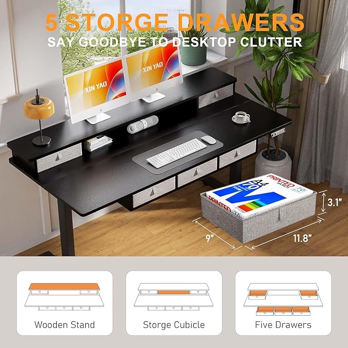 XINYAO Standing Desk with 5 Drawers 63 x 30 Inch Electric Height Adjustable Stand Up Desk Ergonomic Table with Storage Larger Desktop Computer Workstations