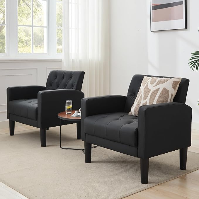 TYBOATLE Accent Chair Comfy Living Room Chair Black Leather Tufted Mid Century Modern Accent Chairs Small Cozy Reading Arm Chair for Office Bedroom (1 Black)