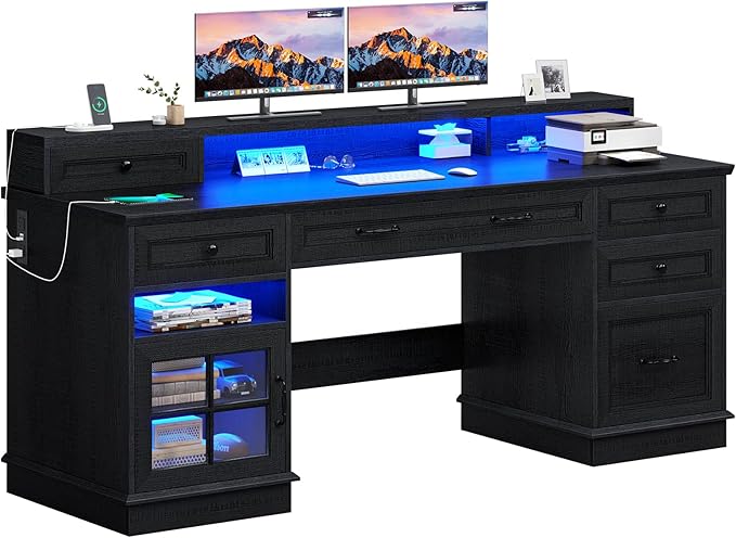BTHFST 59.1 Executive Desk with File Drawer Home Office Desk with Charging Station &amp LED Lights Computer Desk with Drawers &amp Storage Cabinet Executive Office Desk with Monitor Stand Black