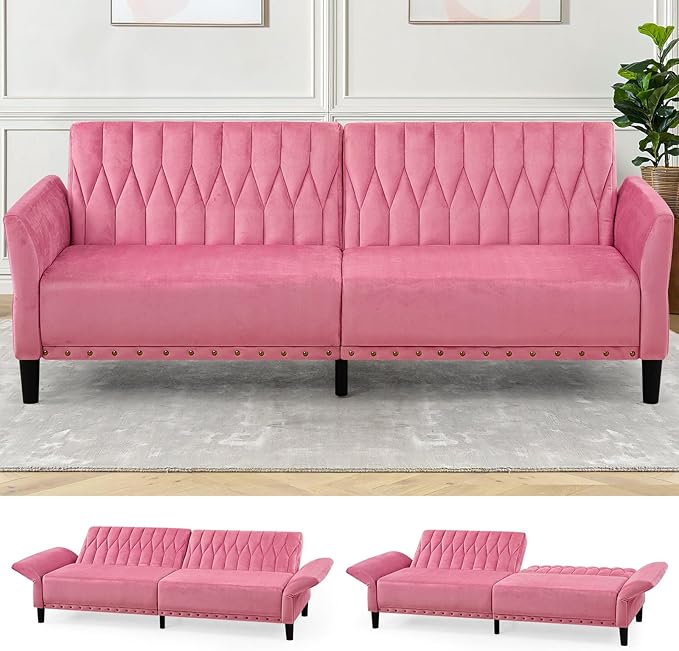 77” Velvet Sofa Bed with Adjustable Armrests and BackrestsTufted Convertible Futon Couch with Nailhead Trim Loveseat Modern Velvet Sleeper Sofa for Living RoomBedroomOfficePink