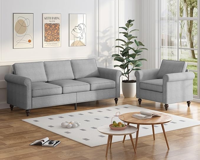 2 Piece Living Room Sofa Set 3 Seat Sofa and Armchair Sets Modular Sectional Couch Furniture Sets Gourd Shapes Wood Legs Sofas Couches for Living Room/Bedroom/Home/Apartment - Light Grey