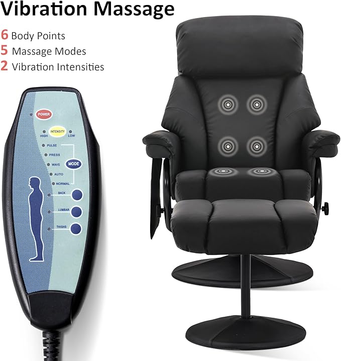 MCombo Swivel Recliner with Ottoman TV Chair with Vibration Massage Ideal for RV Small Space Living Room &amp Bedroom 4539 4828 (Faux Leather Black)