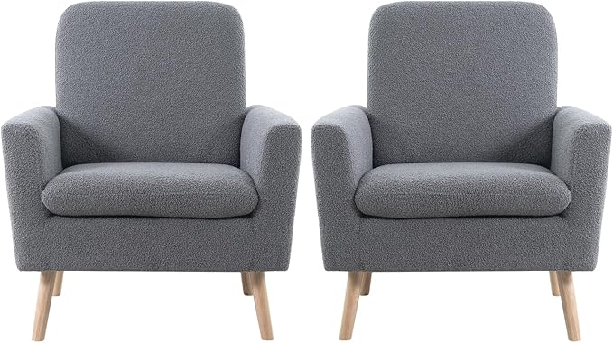 Naomi Home Frida Mid - Century Accent Chairs Set of 2 Durable Wood Frame Living Room Chairs Set of 2 Reading Chair with armrest Soft Teddy Fleece Side Chair Oak Legs arm Chairs - Gray