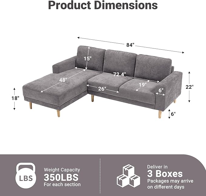Tbfit 84 L-Shaped Sectional Sofa Comfy Upholstered Couch with Chaise Modern Fabric Living Room Furniture for Home Office Light Gray