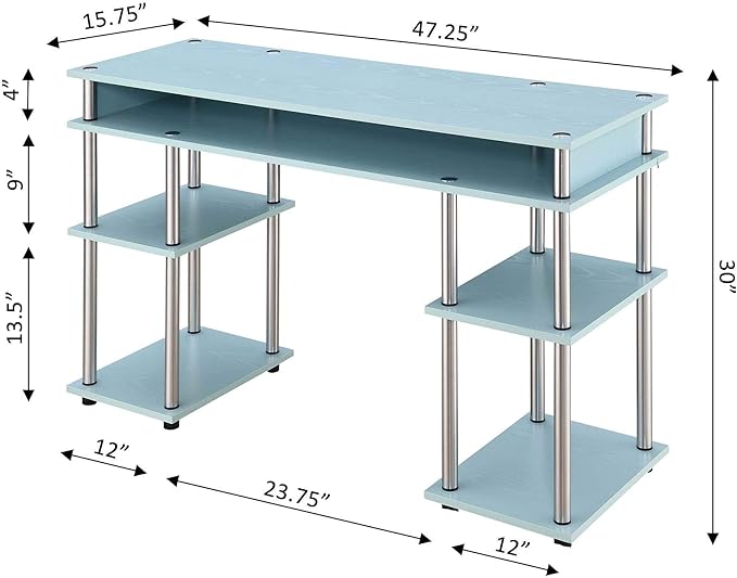 Convenience Concepts Designs2Go No Tools Desk Home Office Desk with Shelves Corner Shelf Vanity Desk Computer Desk Nail Table for Nail Tech - 47.25 L x 15.75 W x 30 H Sea Foam