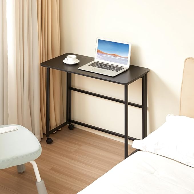 Small Folding Desk Rolling Table Portable Foldable Desk on Wheels Space Saving Computer Table Writing Workstation for Home Office Easy Assembly (Black 15.7 D x 31.5 W x 29.53 H)