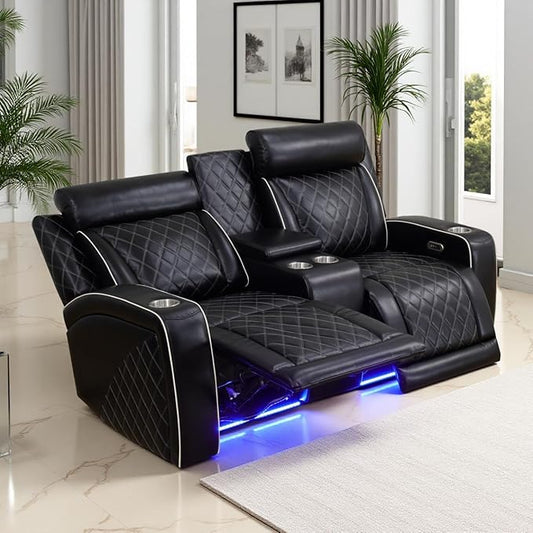 Power Recliner Loveseat Living Room Furniture Sets Breathing Leather Reclining Couch in 2 Seat Luxury Reclining Loveseat Sofa with Cupholders/Storage/Charging for Home Theater/Office Black