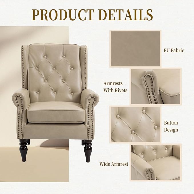 Camel PU Leather Accent Chair Mid-Century Modern Living Room Chairs with Wingback Comfy Upholstered High Back Single Sofa Bedroom Reading Armchair with Solid Wood LegsEasy Assemble (Camel)