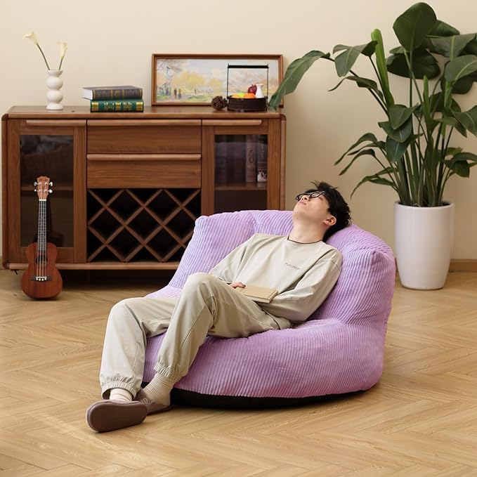 N&ampV Large Crescent Bean Bag Chair Adult Size Bean Bag Sack Foam Filling Soft Premium Corduroy Bean Bag for Living Room Bedroom Dorm and Office (Lavender)