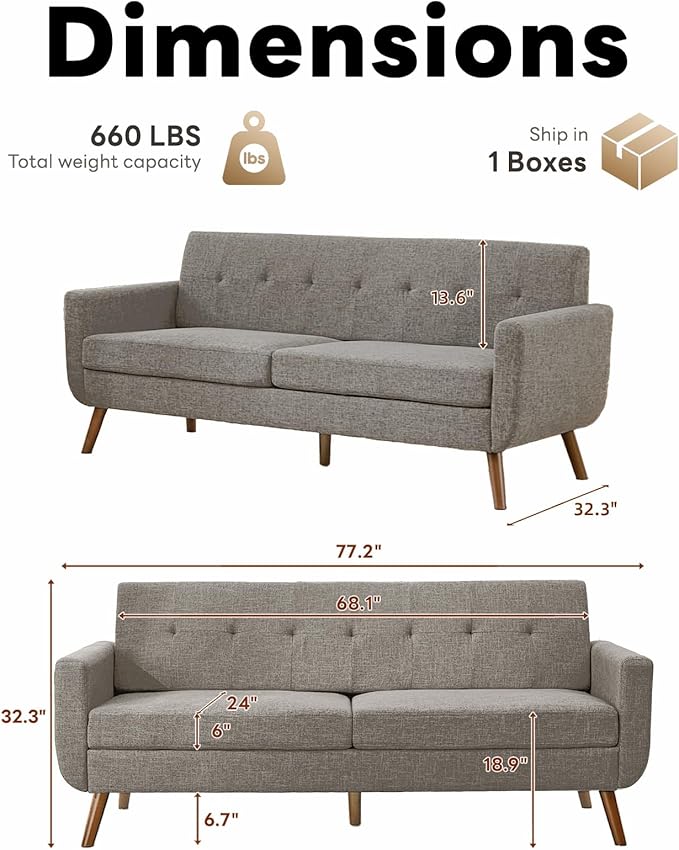 Tbfit Loveseat Sofa 77 W Mid Century Modern Love Seat Small Loveseat for Bedroom Button Tufted Upholstered Small Couch Sofa for Living Room Gray