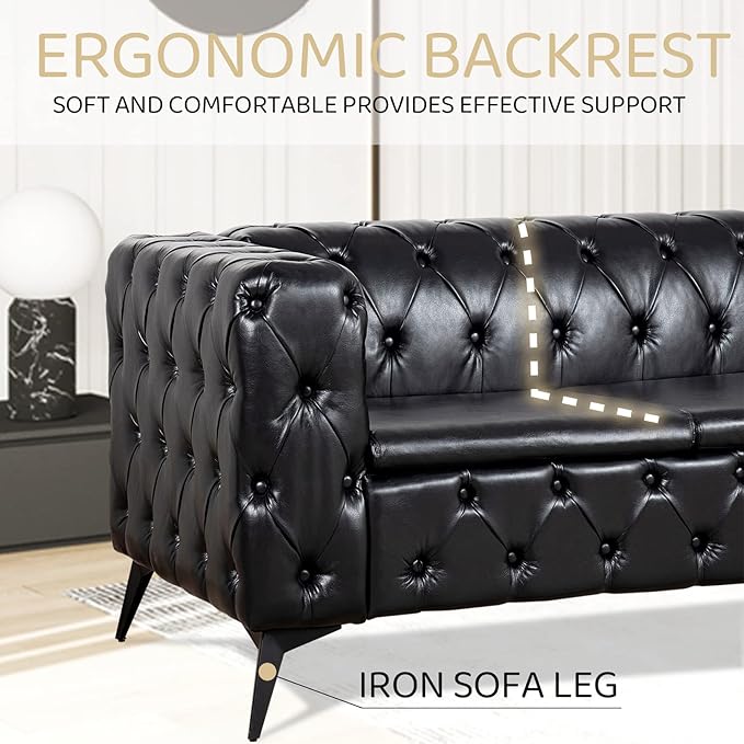 Black Couches for Living Room Modern Tufted Chesterfield Sofa Deep Seat Comfy Faux Leather Sofa Tight Pleated Rolled Arms 85” 3 Seater Sofas for Bedroom Office