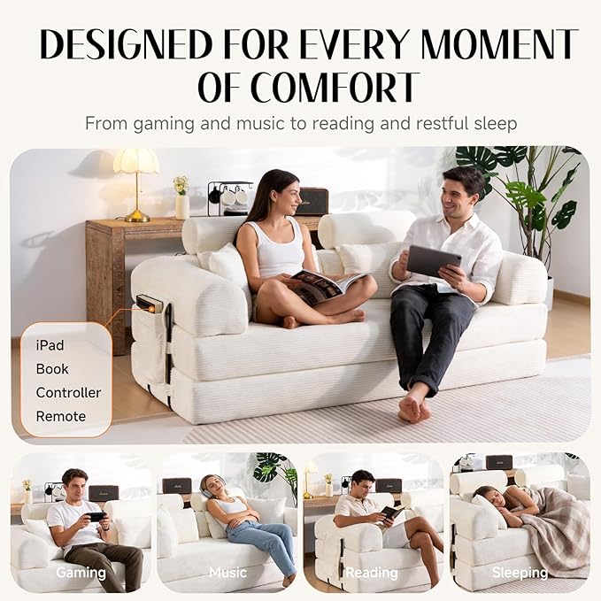 79 Corduroy Sofa Bed Sleeper Couch 6-in-1 Convertible Boneless Floor Futon Loveseat High-Density Foam Couch in a Box with 2 Headrest Pillows No Assembly Beige