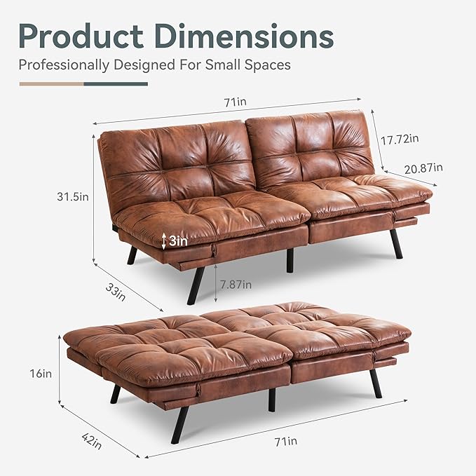 Vyfipt Convertible Futon Sofa Bed Brown Faux Leather Futon Couch with Adjustable Backrest &amp Armrests Folding Small Recliner Sleeper Sofa Bed for Living Room Apartment Office