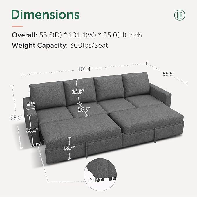 HONBAY Modular Sectional Sleeper Sofa Bed with Pull Out Bed Linen Convertible Sectional Couches for Living Room - Dark Grey