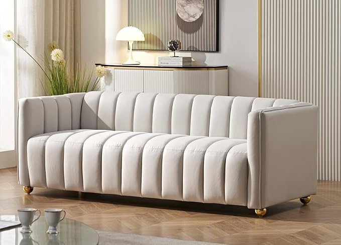 Direct Glam Fabric Upholstered Solid Wood Frame 82.7 Art Deco Sofa for Living Room Office Sophisticated 3 Seater Couch Ivory