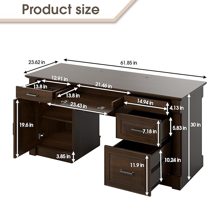 61.85″ Large Executive Desk with Roman Column Design for Boss Office Home Office 3 Drawers incl. File Drawer Keyboard Tray Shelf Cabinet with Door Dark Cherry