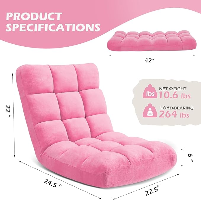 Folding Floor Gaming Chair 14-Poistion Adjustable Floor Lazy Sofa Chair 2 Pack w/Breathable Cotton &amp Skin-Friendly Coral Velve for Adults &amp Kids Perfect for Reading Gaming Meditating Pink