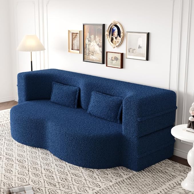 Convertible Sofa Bed Full Size｜78 Sleeper Couch with 2 Pillows｜Boucle Fabric Folding Sofa Bed｜High-Density Foam｜No Assembly｜Space-Saving｜for Living Room Guest Room｜Blue