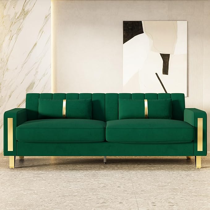 85.63 Modern Green Velvet Sofa with Gold Metal Legs Large Upholstered Comfy 3 Seater Couches for Living Room Bedroom Office (Green)