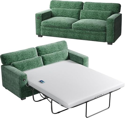 Marsail Pull Out Sofa Bed Queen Size Sleeper Sofa with Memory Foam Mattress 2-in-1 Convertible Chenille Couch Bed with 2 USB Charging and Removable Covers Loveseat for Living Room Apartment Green