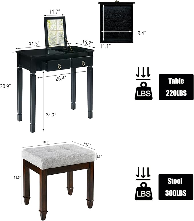 Black Makeup Vanity Desk Set with Flip Top Mirror 31.5 Small Vanity Desk with Mirror Dressing Table with 2 Drawers &amp 7 Compartments Makeup Table with Hidden Fabric Stool for Bedroom Small Spac