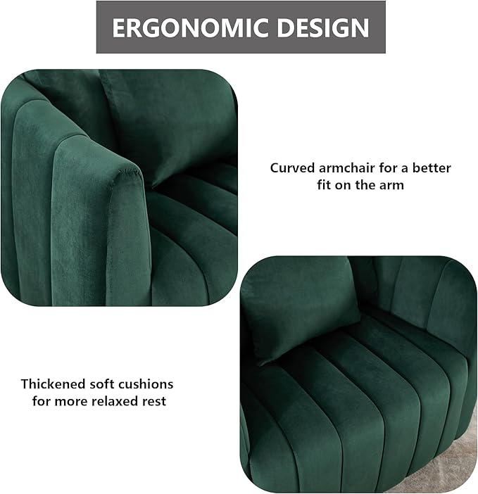 40 Inch Barrel Swivel Chairs with 3 PillowsGreen Velvet Swivel Chairs for Living RoomModern Accent ChairLarge Armchair 350lbs