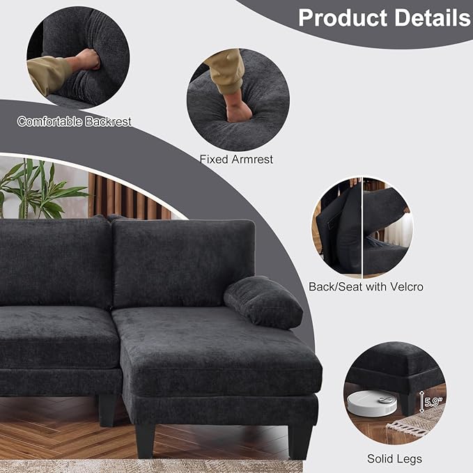 Karl home 111 Sectional Sofa U-Shaped 4-Seat Couch with Chaises Wood Grian Legs Chenille Fabric Upholstered for Living Room Apartment Office Black