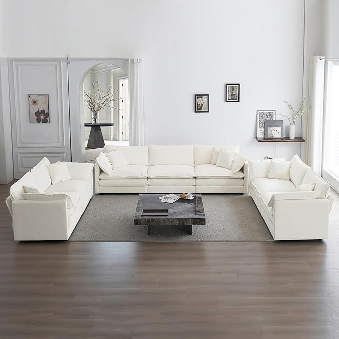GNIXUU Oversized Modern Living Room Furniture Sets Inclued 2 Pieces loveseat Sofa Comfy Chenille Deep Seat Modular Couch Set for Living Room and Bedroom(2+2 seat Beige White)