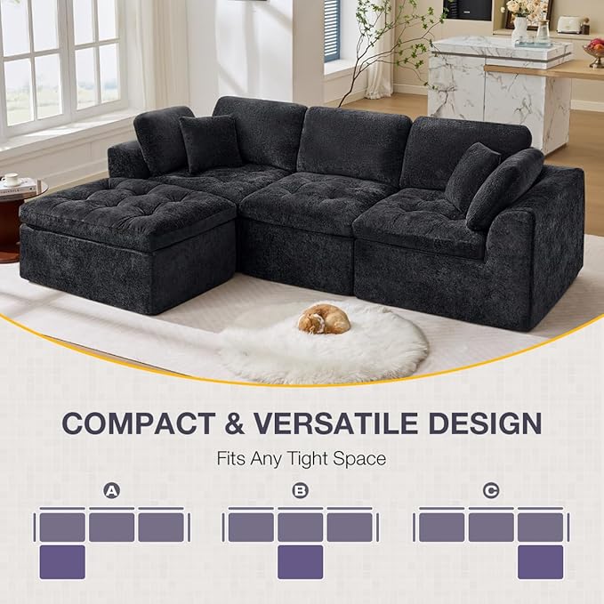 110 Cloud Sectional Couch for Living Room Upholstered L-Shape Modular Sofa with Movable Ottoman 3-Seater Deep-Seat Foam Couch Comfortable Convertible Sectional for Home &amp Apartment（Black）