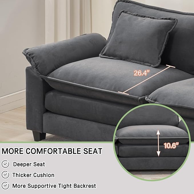Sectional Sofa Comfy Cloud Couch for Living Room with Pillows Modern Velvet Sofa Sleeper Deep Couches with Ottoman (Grey 3-Seat)
